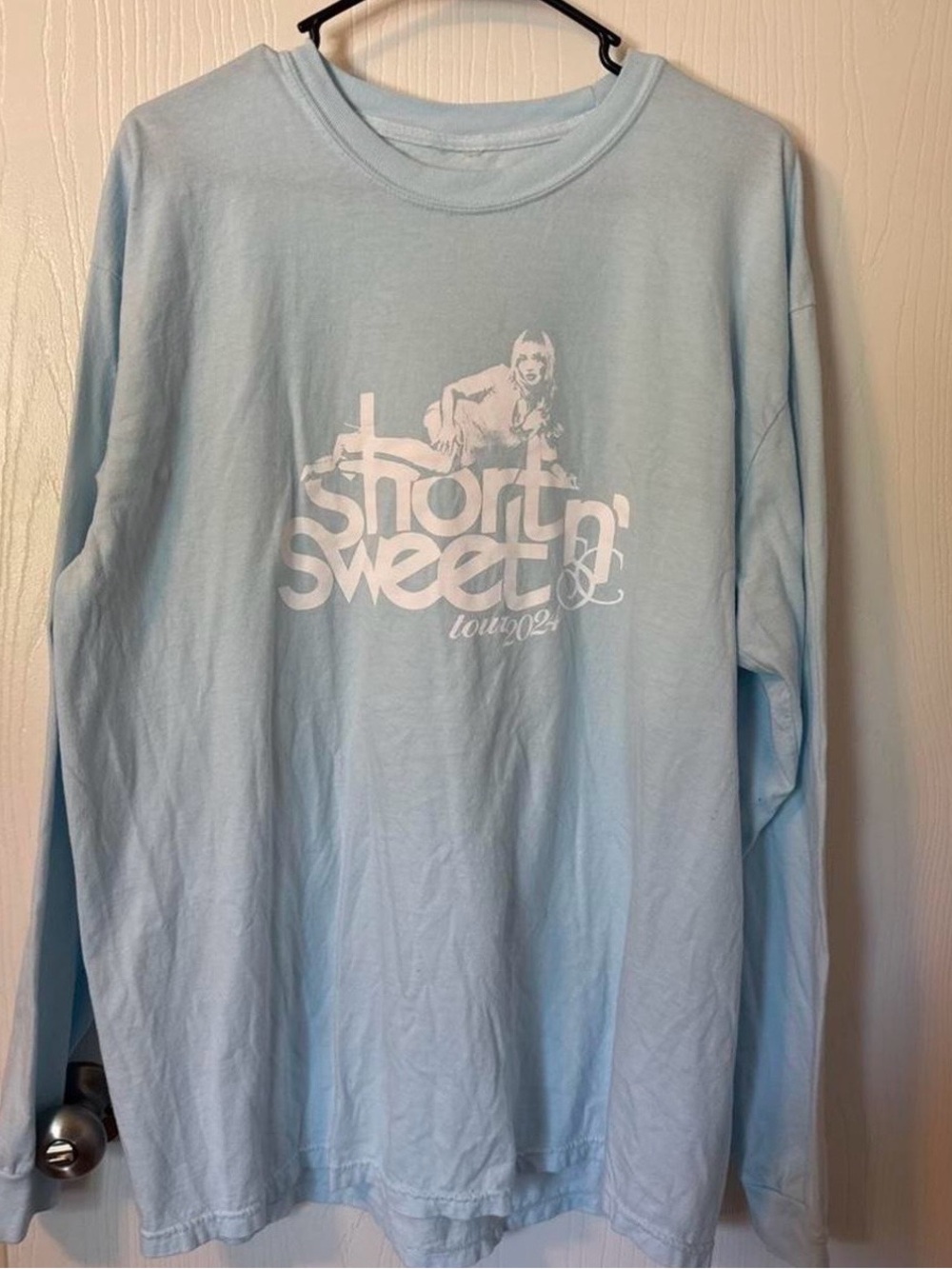 Sabrina Carpenter Light Blue Long Sleeve Graphic Tee - Short n' Sweet Tour Merch